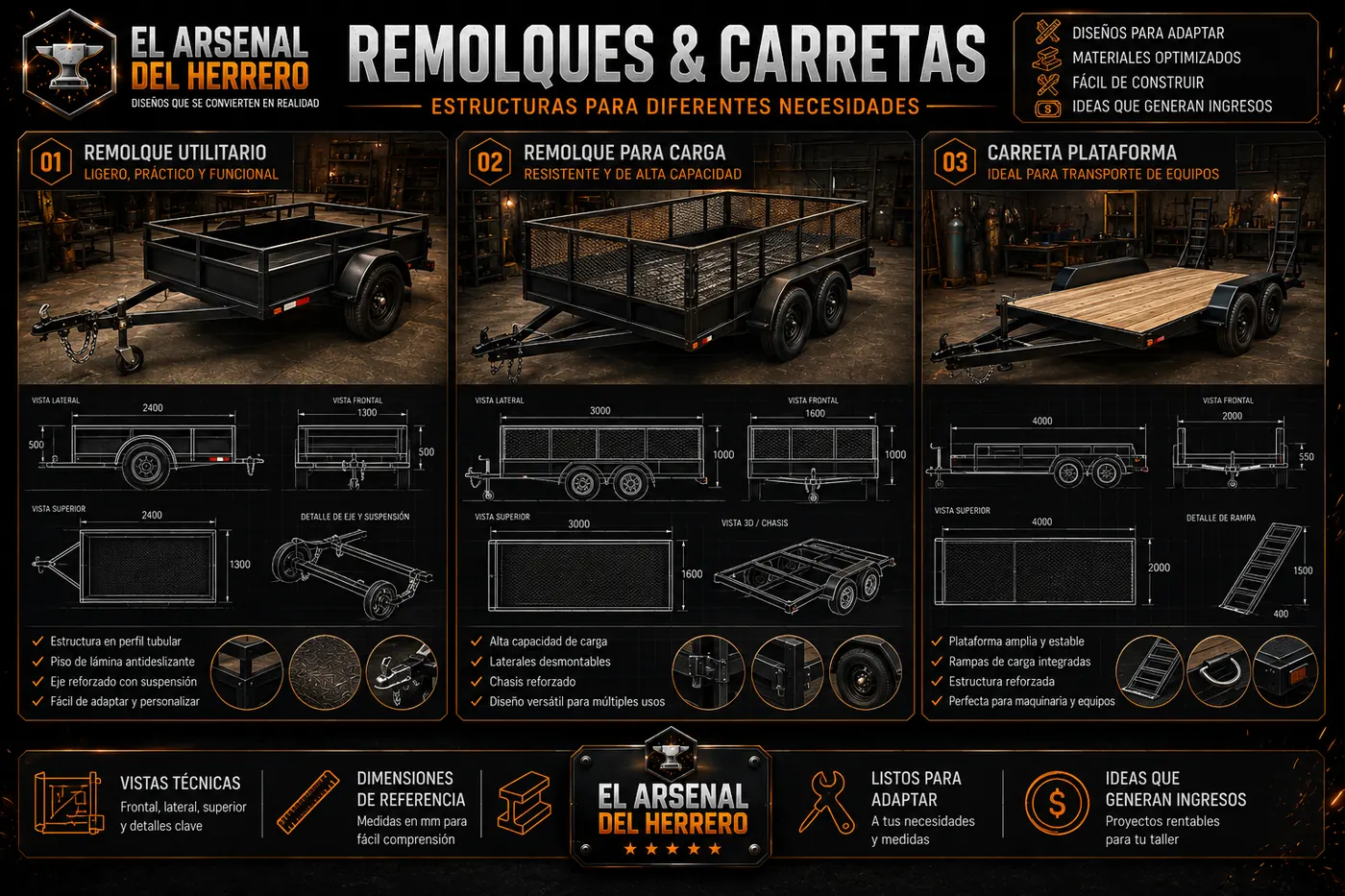 Remolques y carretas: remolque utilitario, remolque de carga y carreta plataforma con vistas técnicas