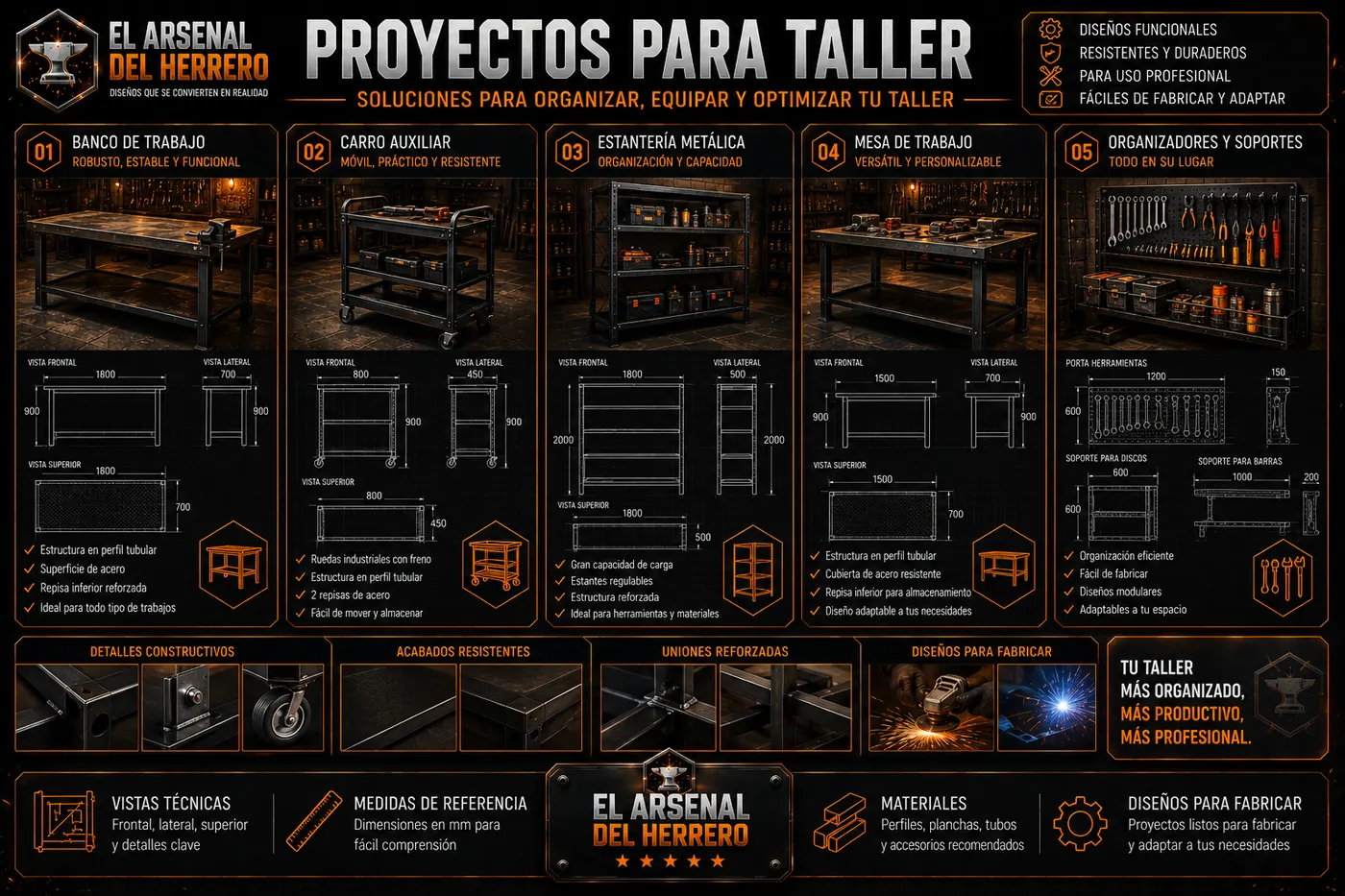 Proyectos para taller: banco de trabajo, carro auxiliar, estantería metálica, mesa de trabajo y organizadores